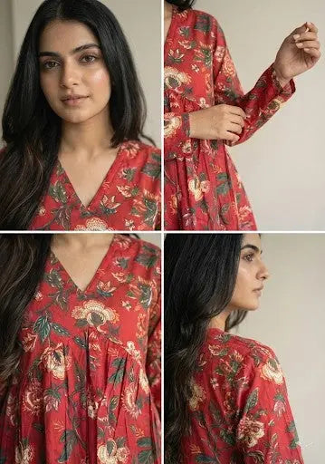 Red floral peplum short kurti – Kalyanja.